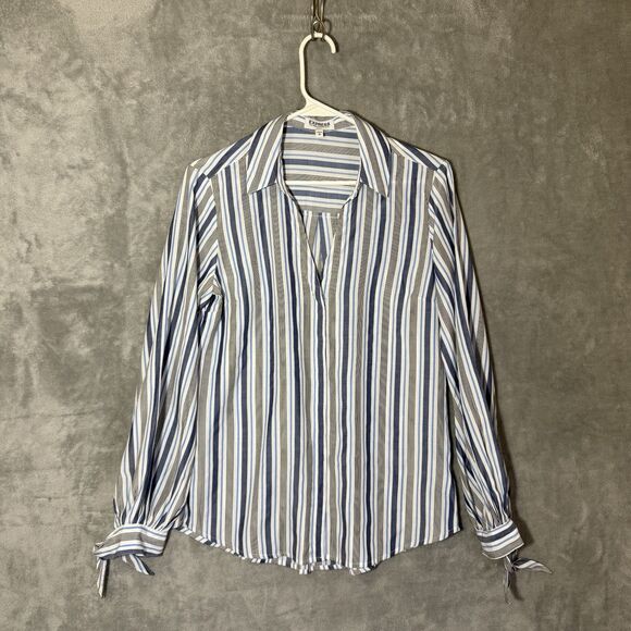Express Shirt M Slim Portofino Button Tie Sleeve Button Up Office Striped Blue - Picture 2 of 9